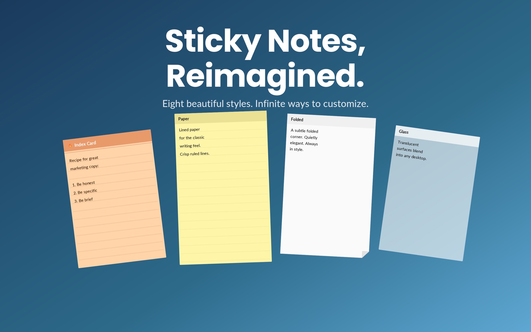 Sticky notes reimagined — Index Card, Paper, Folded, and Glass styles side by side
