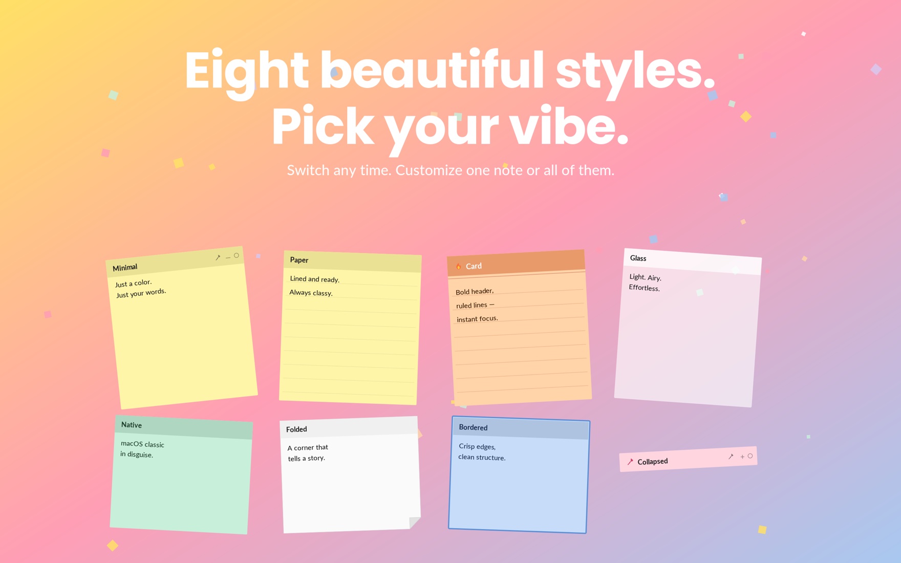 Eight note styles in pastel colors