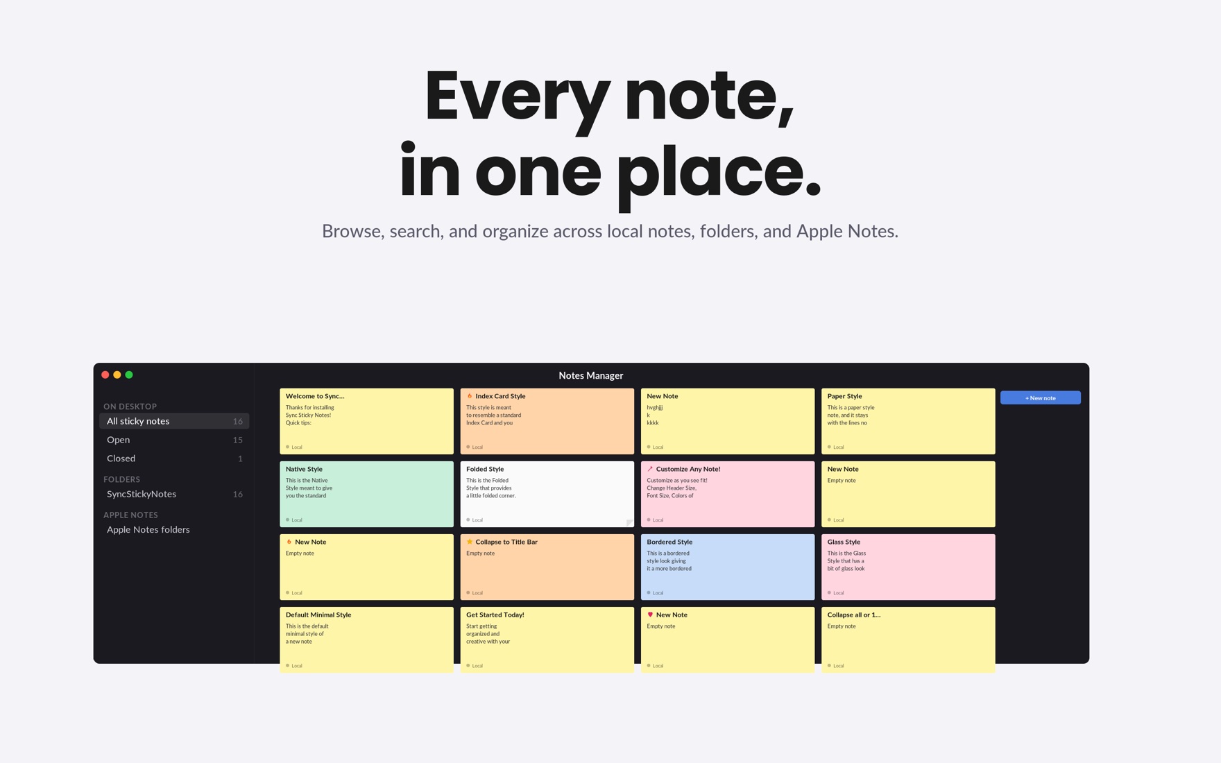 The Notes Manager window with a sidebar and a grid of colorful notes
