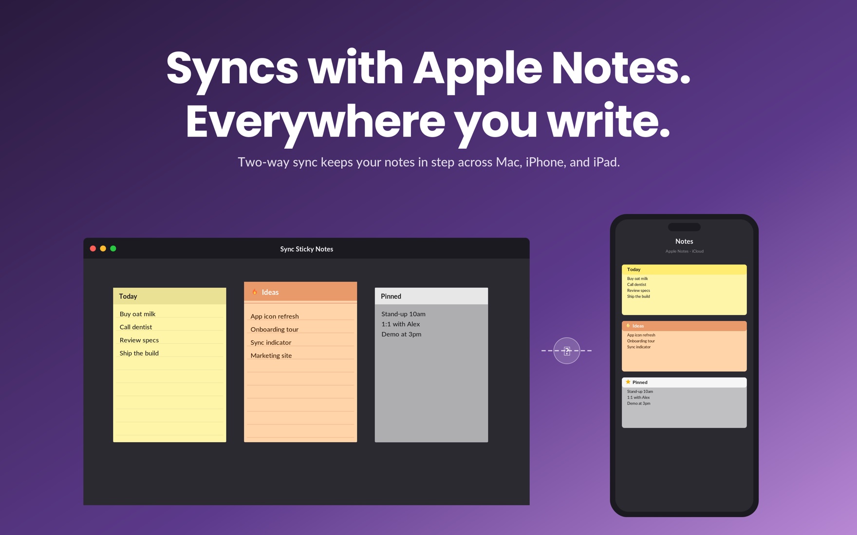 A Mac window and iPhone showing the same notes syncing with Apple Notes