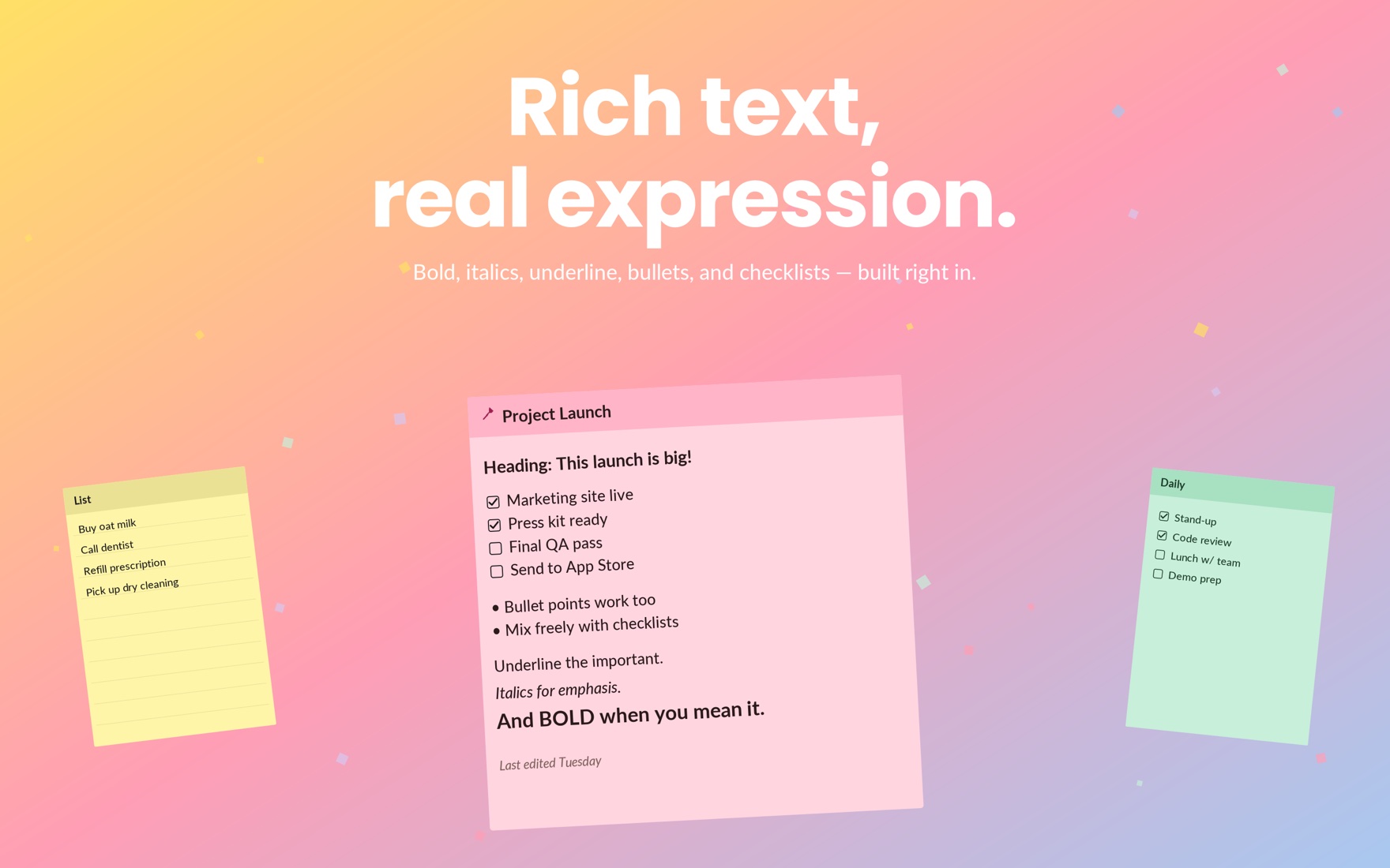 A note with headings, checklists, bullets, underline, italics and bold text