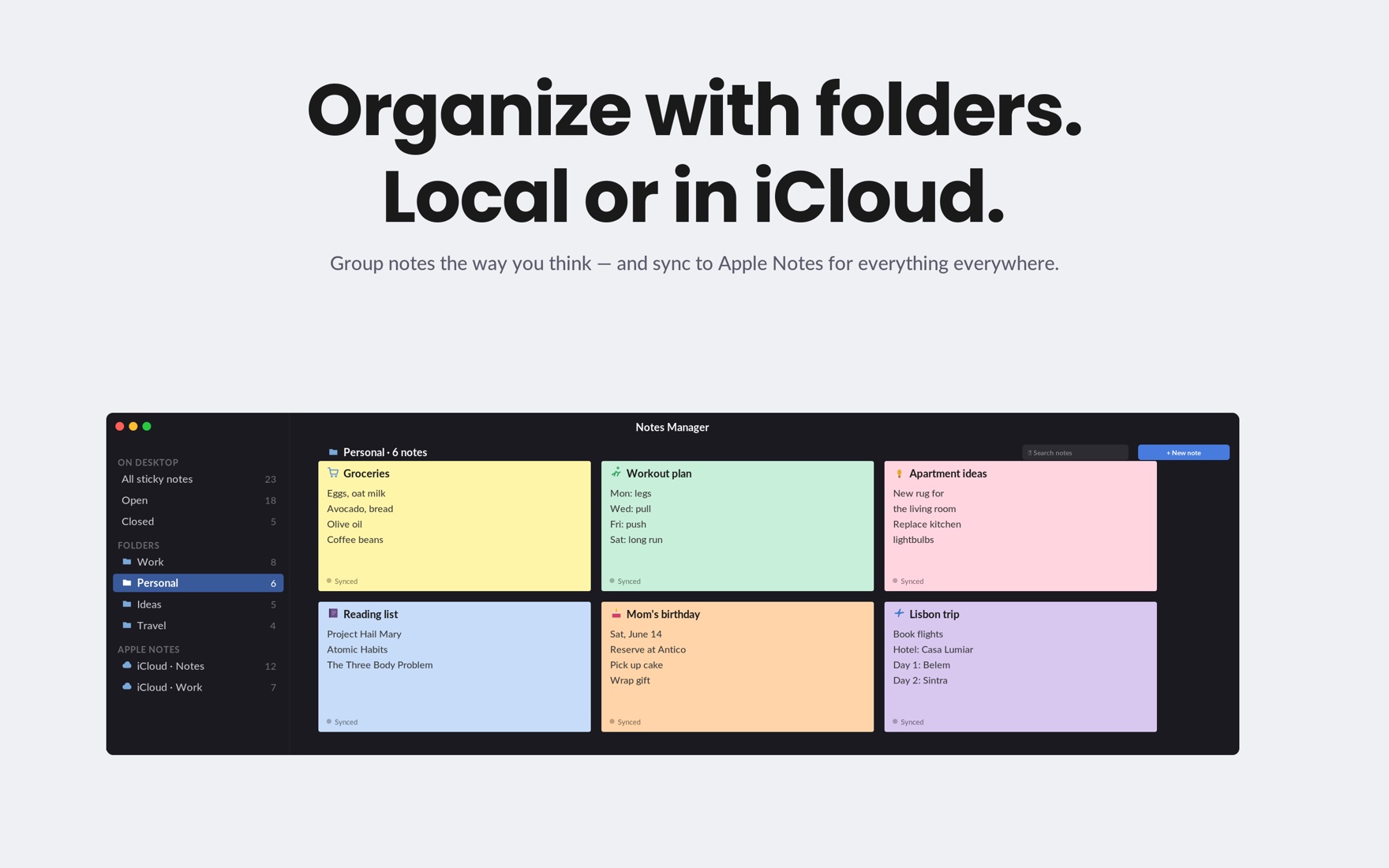 Notes Manager organizing notes into Work, Personal, Ideas, and Travel folders