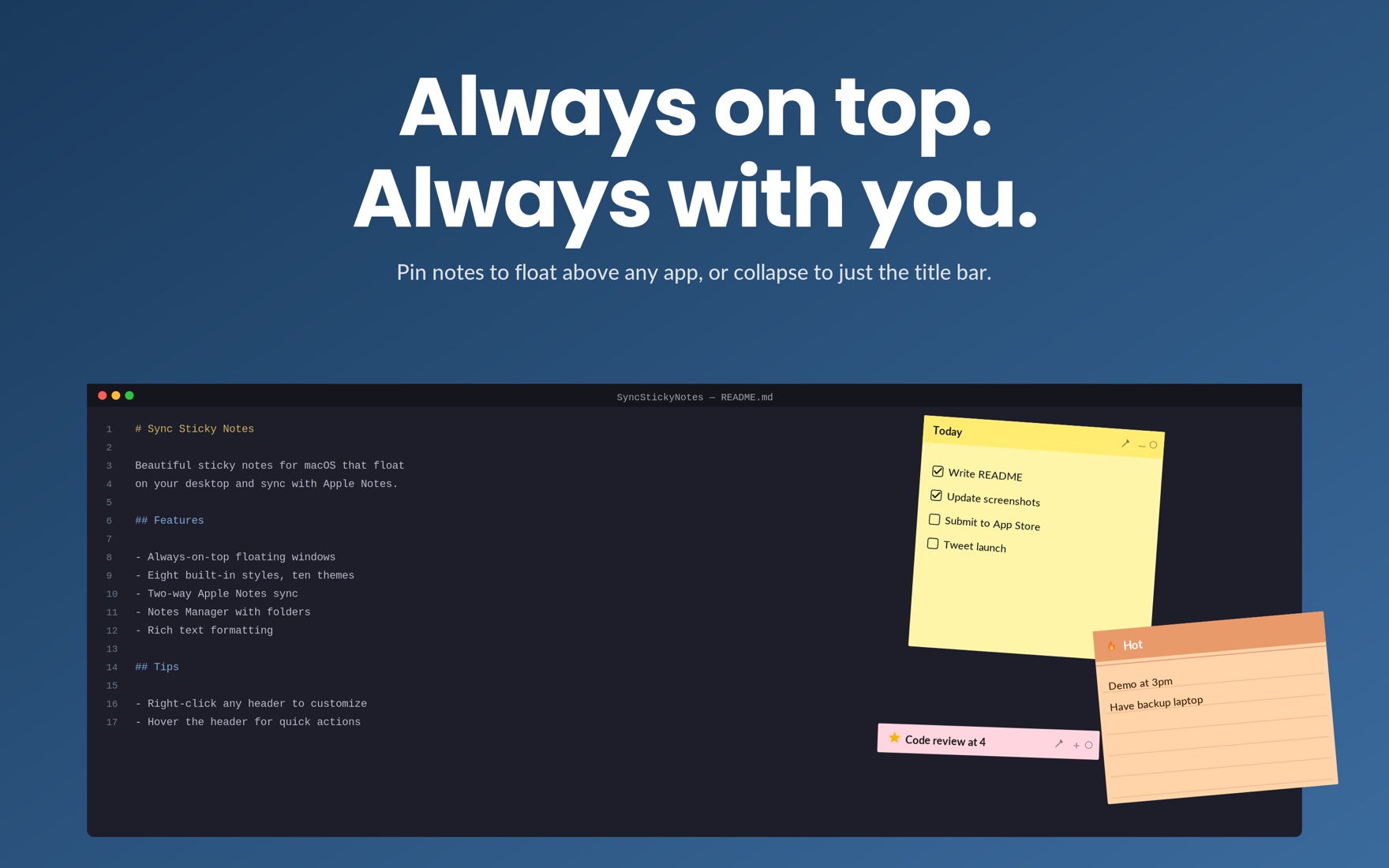 Sticky notes floating on top of a code editor on the Mac desktop